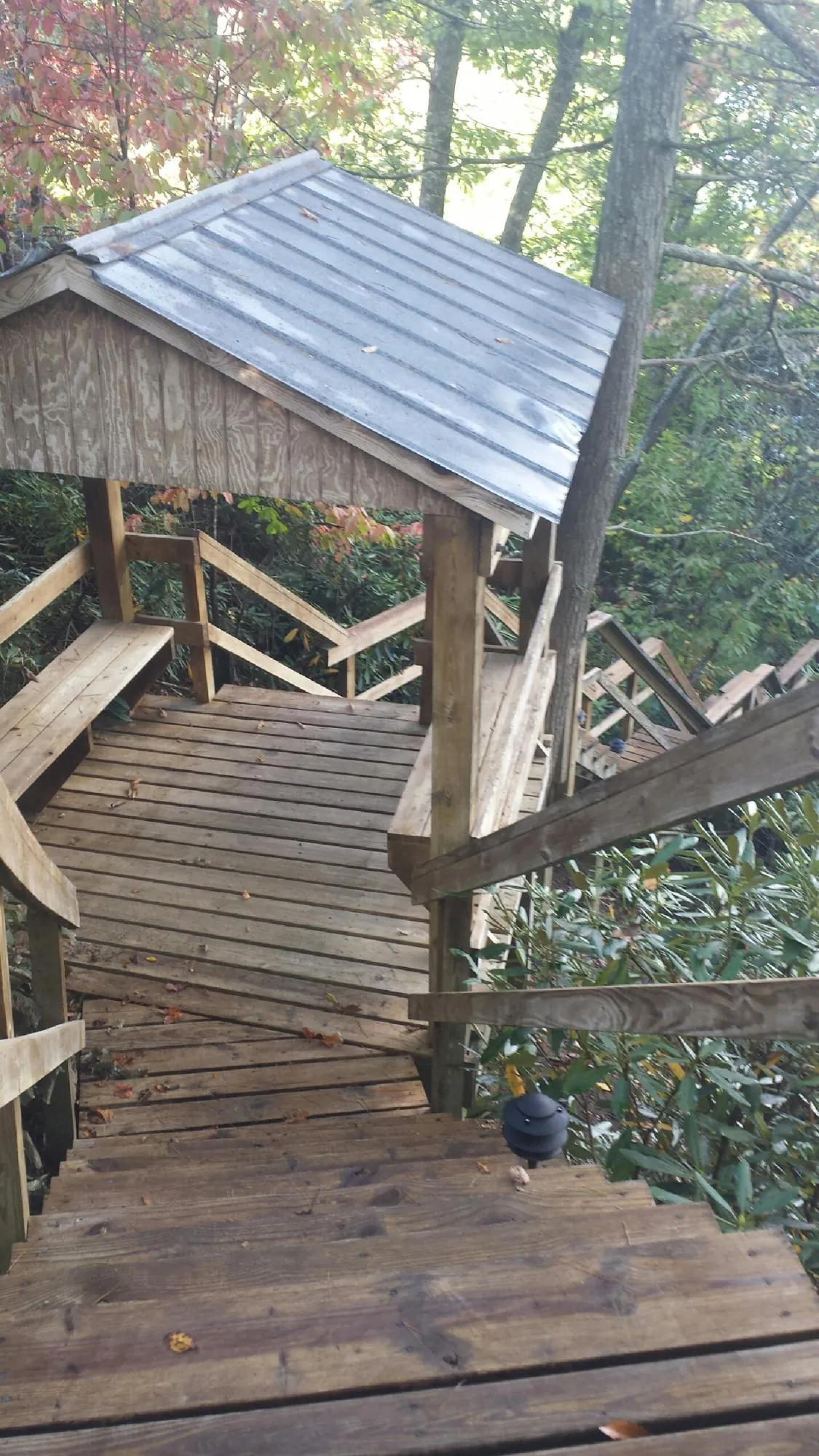 Metal roofed shelter over wooden steps on a wooded walkway — Skylight Repair & Installation work by our crew in Placitas